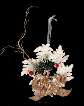 Zawieszka biała płaska wianek z bożonarodzeniową dekoracją XM20095 śr13cm